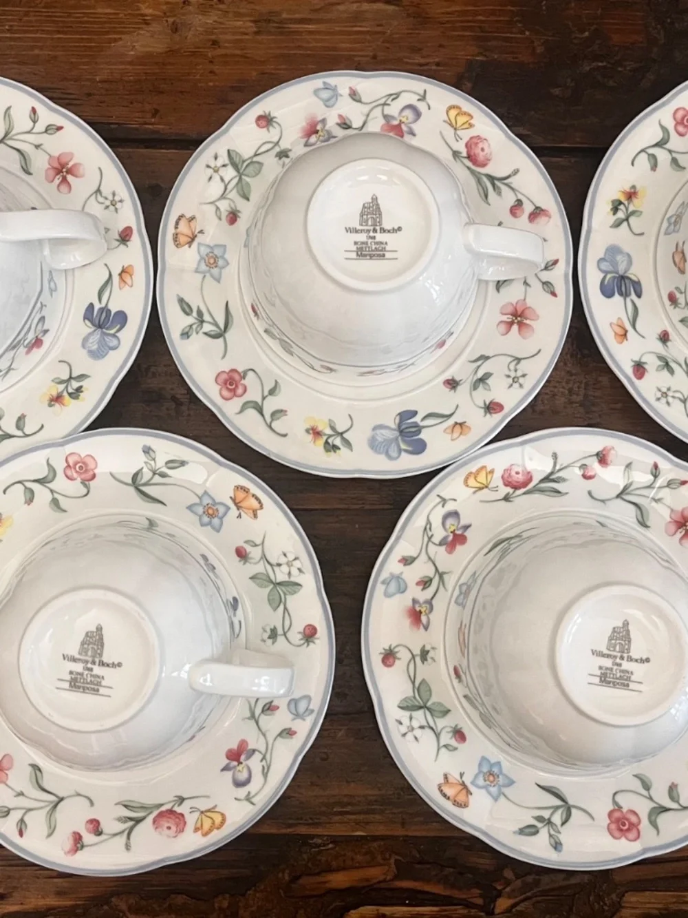 Villeroy & Boch Mariposa Bone China Cups and Saucers Set of 5 / Floral China